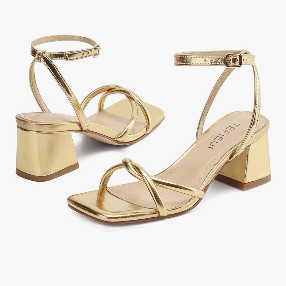 Gold Strappy Block Heel Sandals